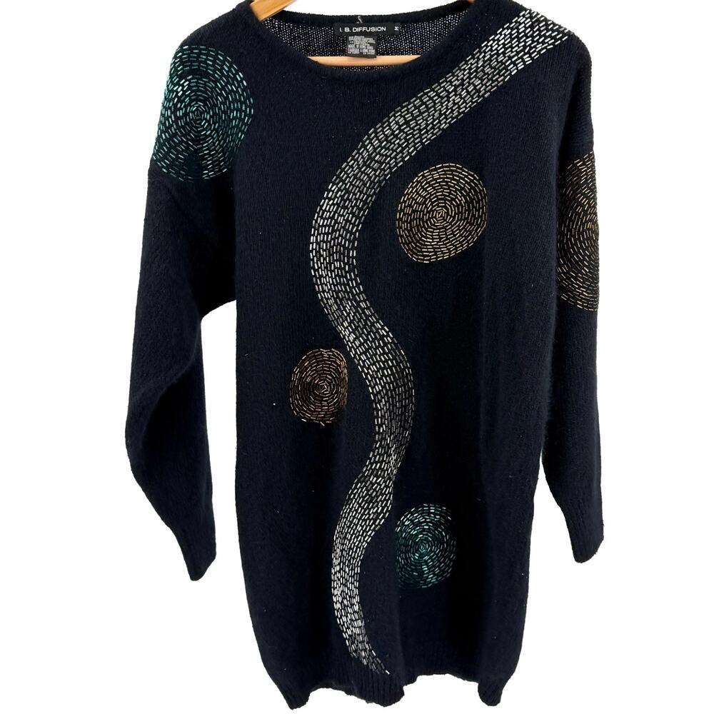 Vintage 80s I.B. Diffusion Black Beaded Abstract Sweater